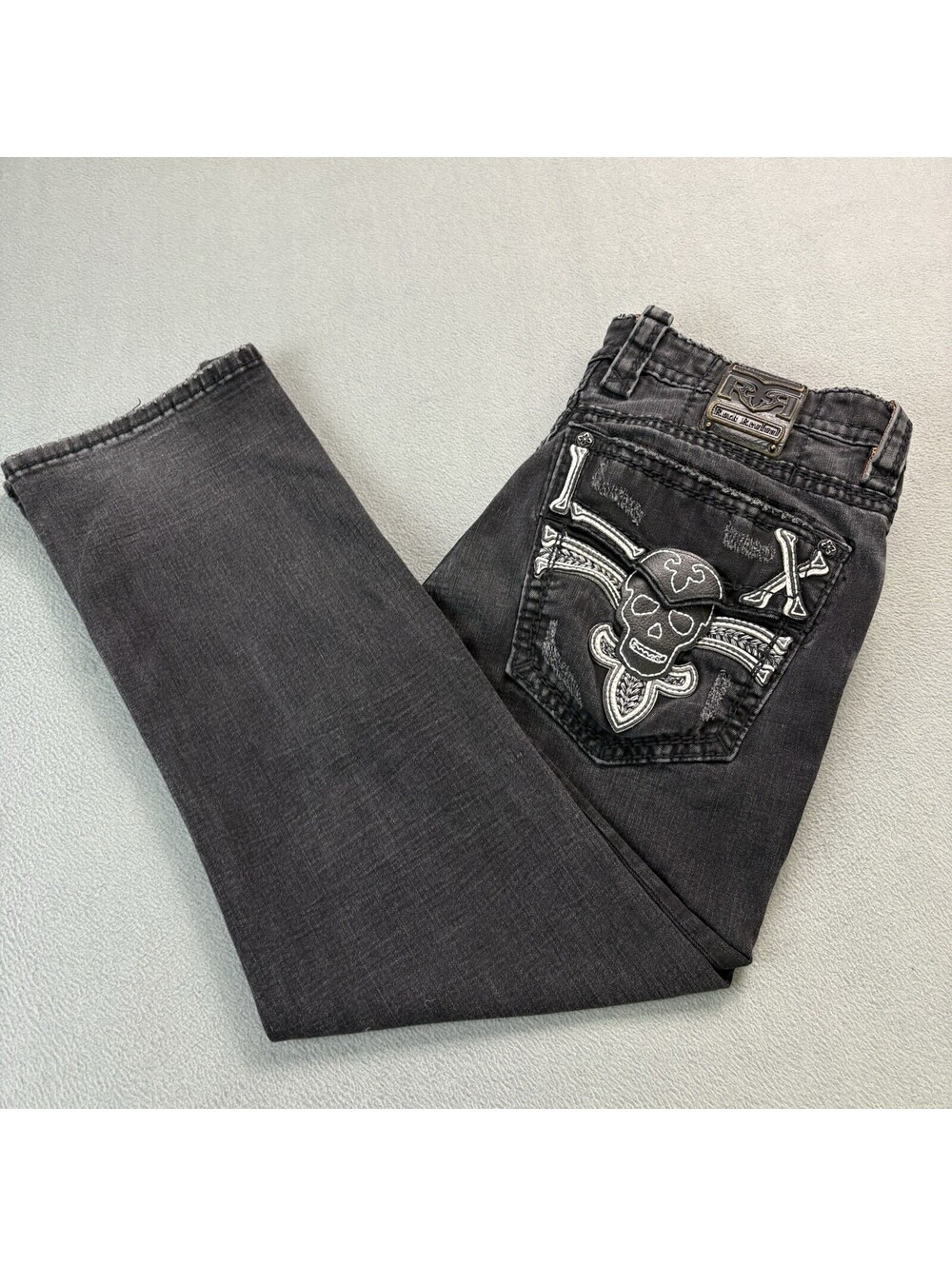 Rock Revival Pirate Skeleton Malcom Straight Jeans Size 38 Black